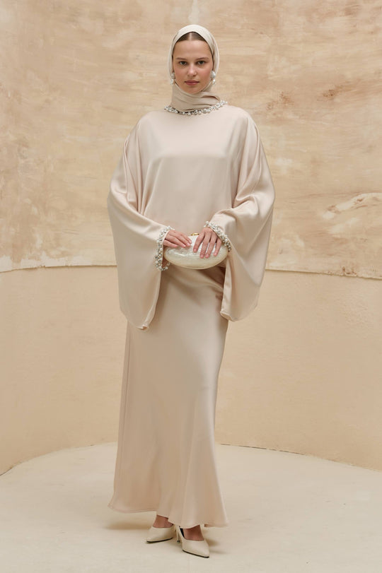 Amani Elegant Satin Skirt Set with Pearl Details | Beige