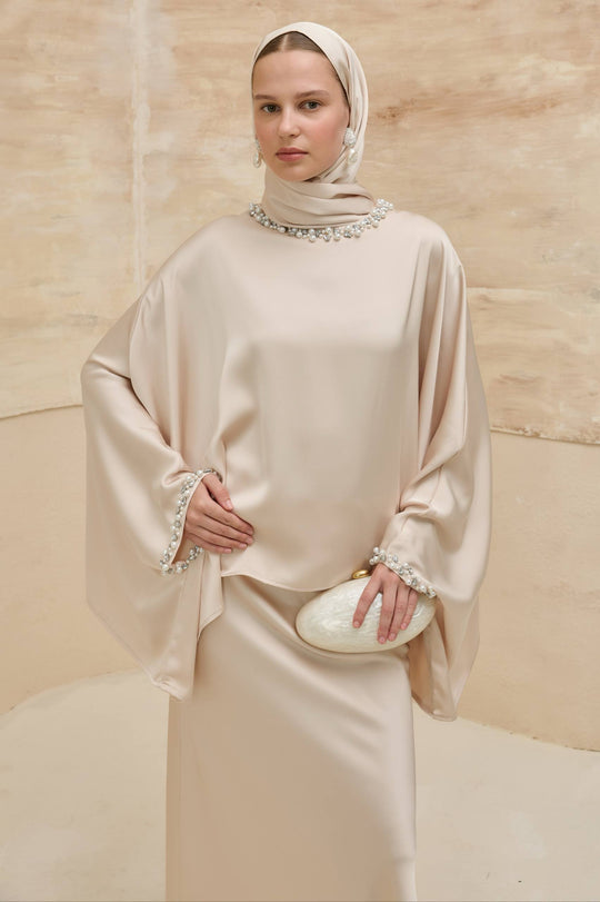 Amani Elegant Satin Skirt Set with Pearl Details | Beige
