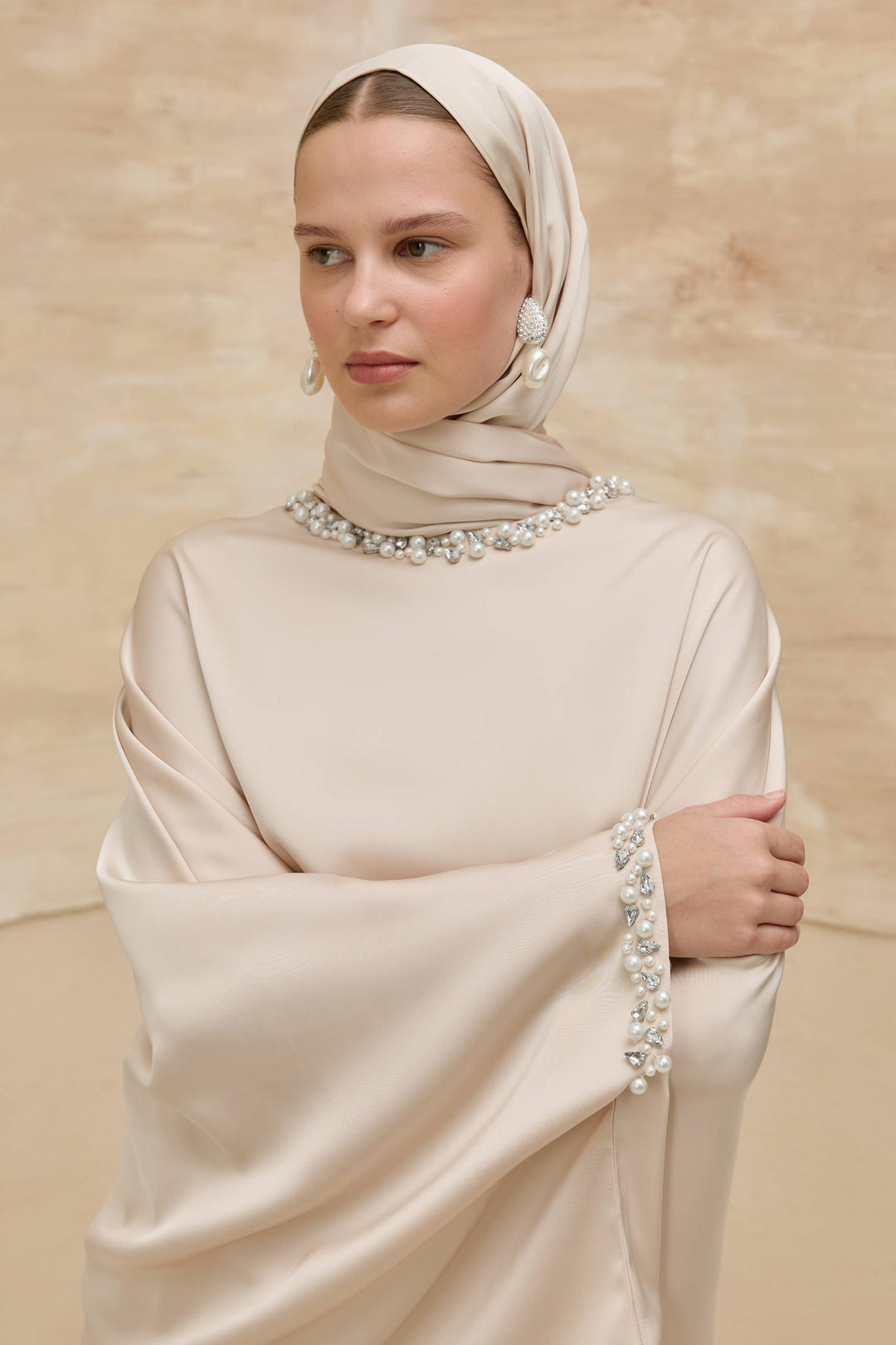 Amani Elegant Satin Skirt Set with Pearl Details | Beige