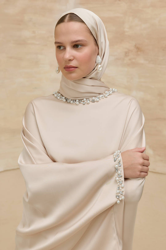 Amani Elegant Satin Skirt Set with Pearl Details | Beige