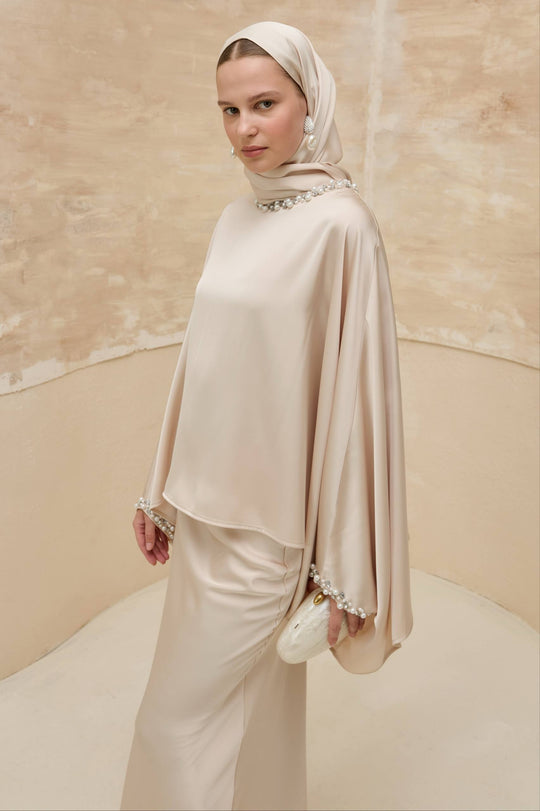 Amani Elegant Satin Skirt Set with Pearl Details | Beige