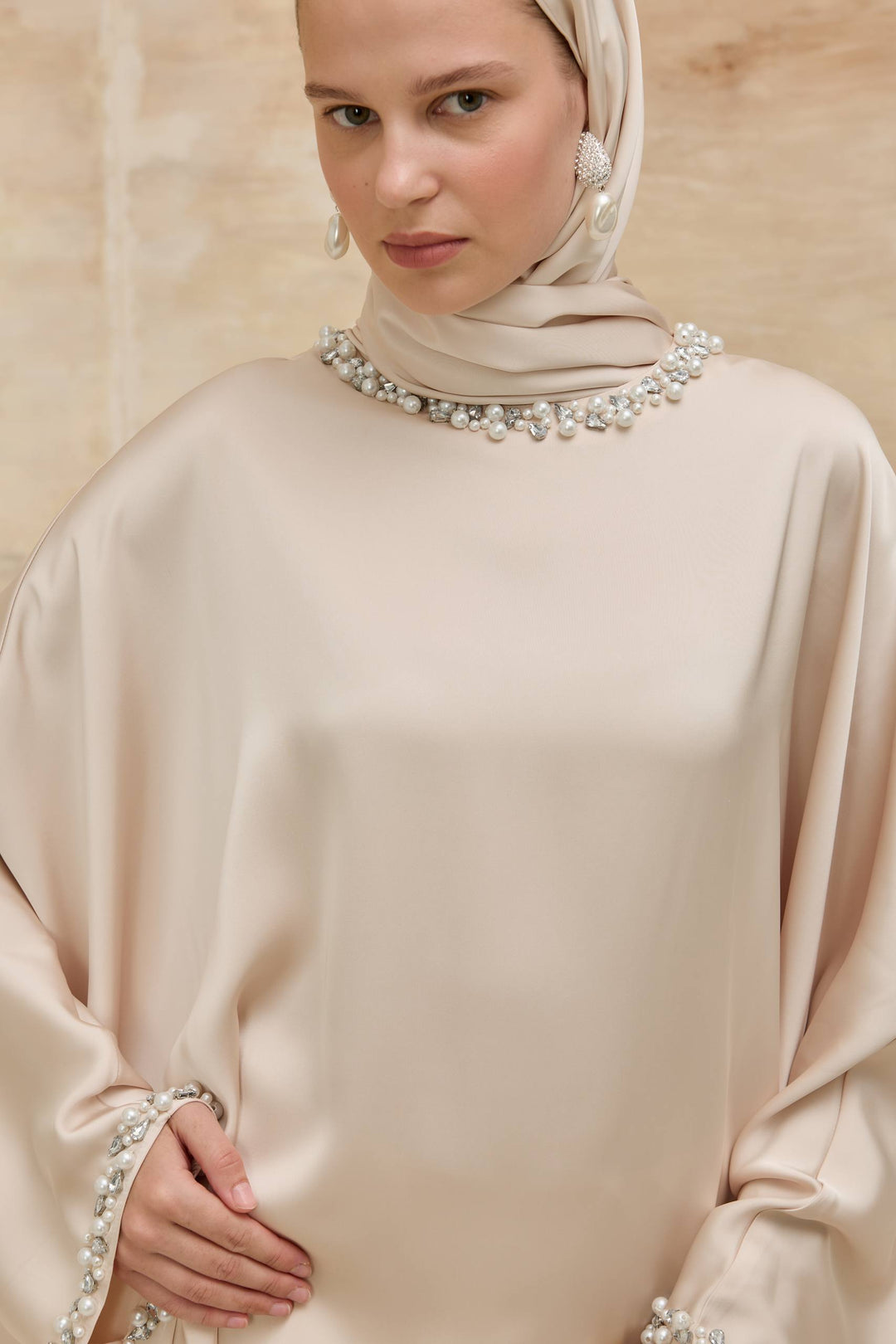 Amani Elegant Satin Skirt Set with Pearl Details | Beige