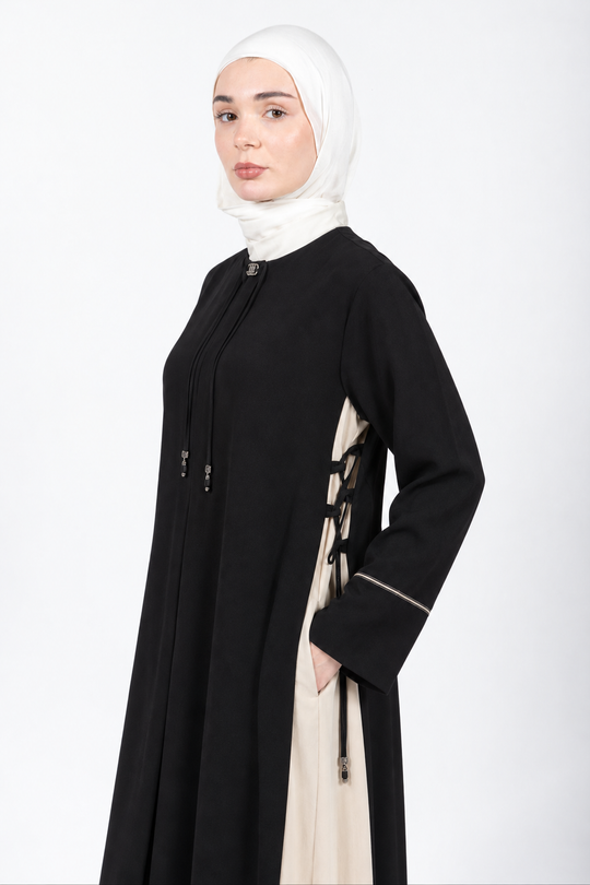 Black and cream two-tone abaya with side lace-up detail