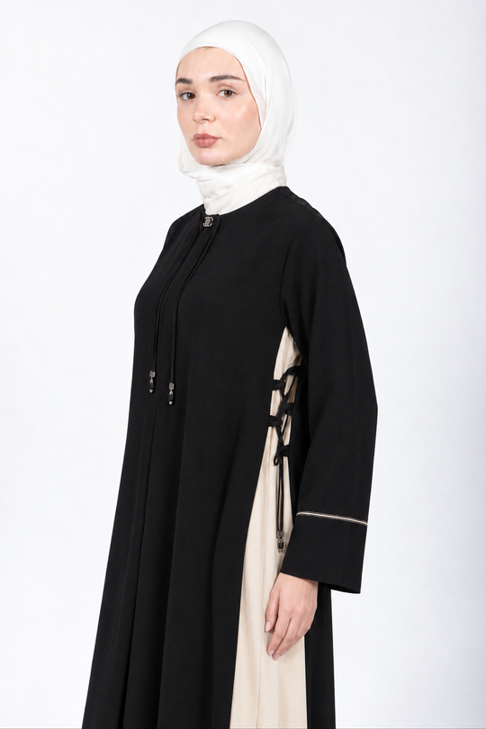 Black and cream two-tone abaya with side lace-up detail