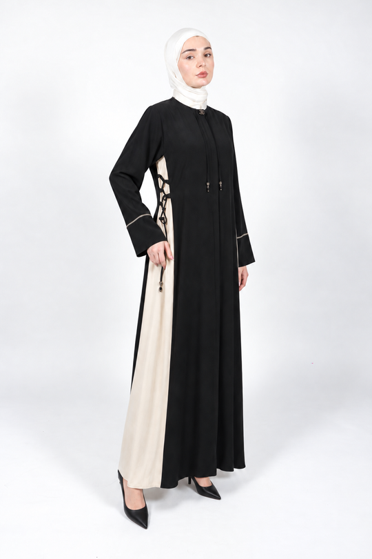 Black and cream two-tone abaya with side lace-up detail