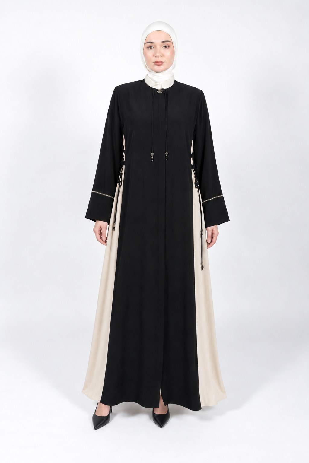 Black and cream two-tone abaya with side lace-up detail