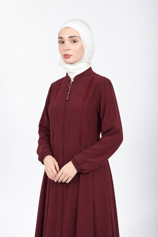 Maroon viscose abaya with stand collar and beaded detail