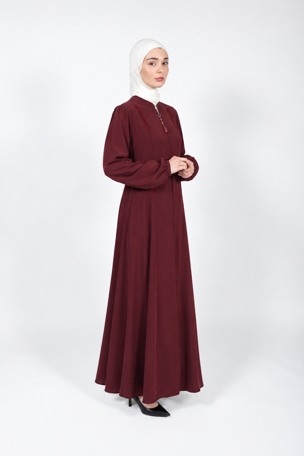 Maroon viscose abaya with stand collar and beaded detail