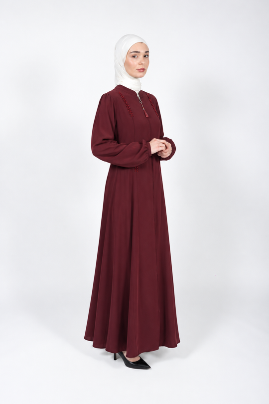 Maroon viscose abaya with stand collar and beaded detail