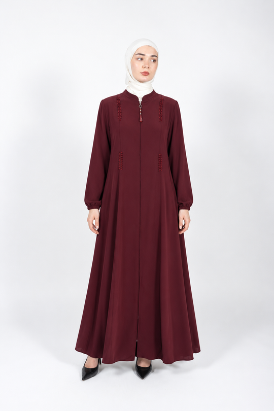 Maroon viscose abaya with stand collar and beaded detail