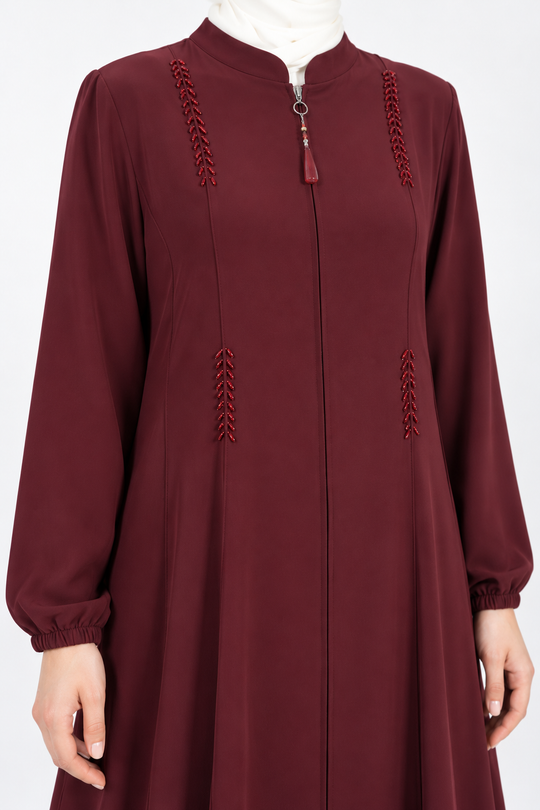 Maroon viscose abaya with stand collar and beaded detail