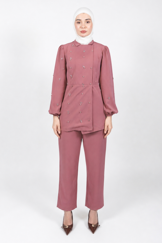 Double Breasted Relaxed Modest Pants Set | Pink