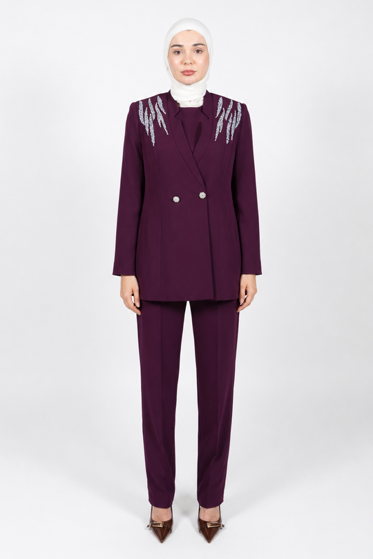 Rhinestone 3-Pieces Modest Pant Set | Burgundy
