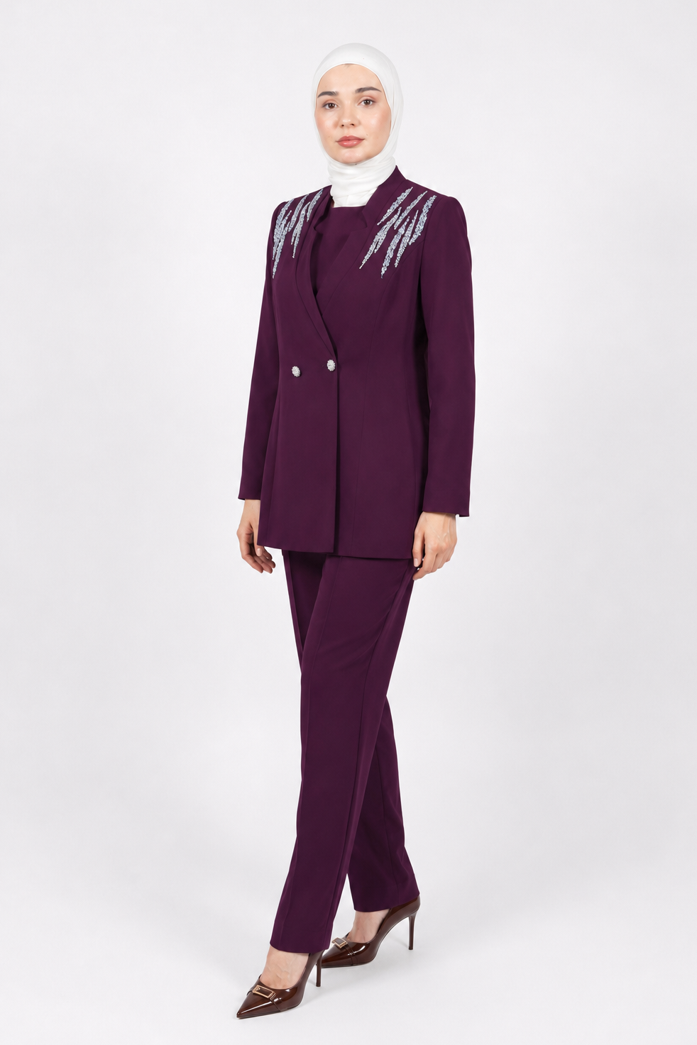 Rhinestone 3-Pieces Modest Pant Set | Burgundy