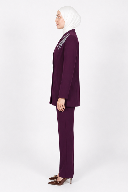 Rhinestone 3-Pieces Modest Pant Set | Burgundy