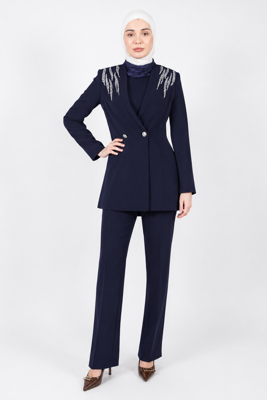 Rhinestone 3-Pieces Modest Pant Set | Navy Blue