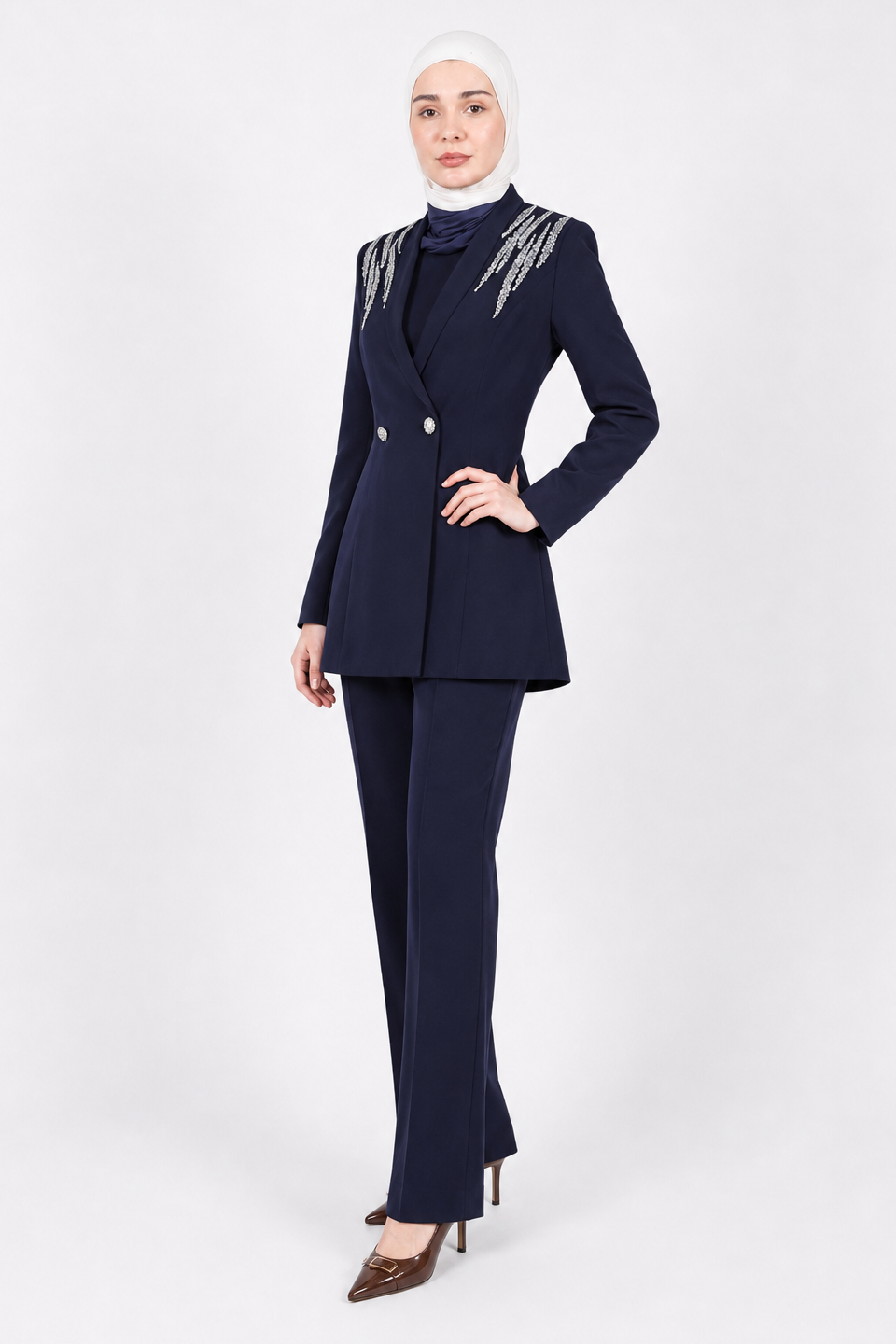 Rhinestone 3-Pieces Modest Pant Set | Navy Blue