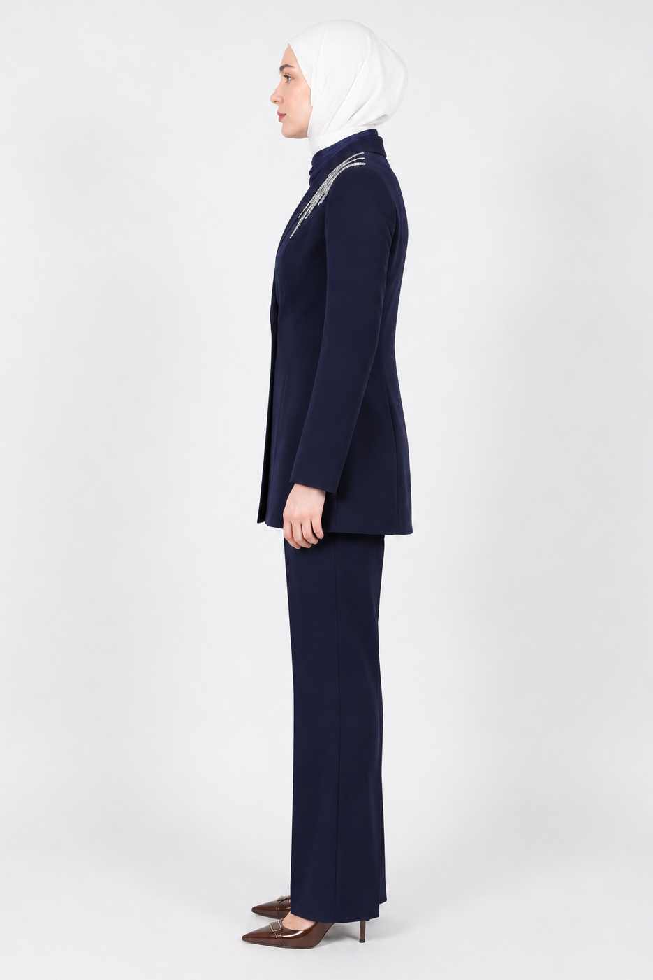 Rhinestone 3-Pieces Modest Pant Set | Navy Blue