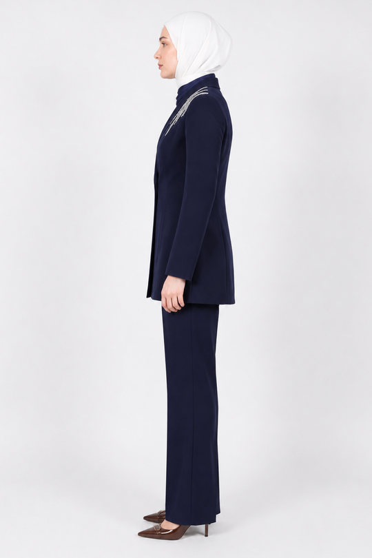 Rhinestone 3-Pieces Modest Pant Set | Navy Blue