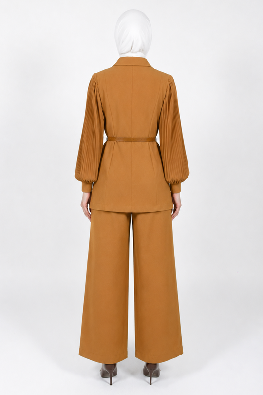 A mannequin wearing a matching two-piece suit in a warm camel brown color, shown from the back against a plain white studio background.