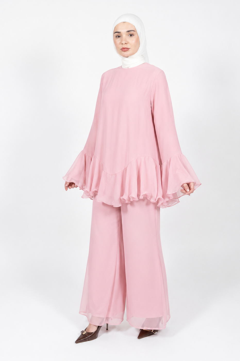 Ruffled Sleeve 2-Piece Pants Set | Coral Peach