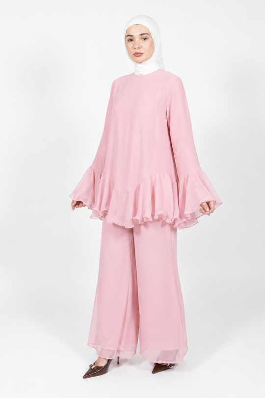 Ruffled Sleeve 2-Piece Pants Set | Coral Peach