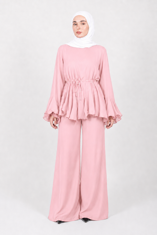 Ruffled Sleeve 2-Piece Pants Set | Coral Peach