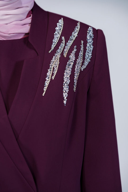 Rhinestone 3-Pieces Modest Pant Set | Burgundy