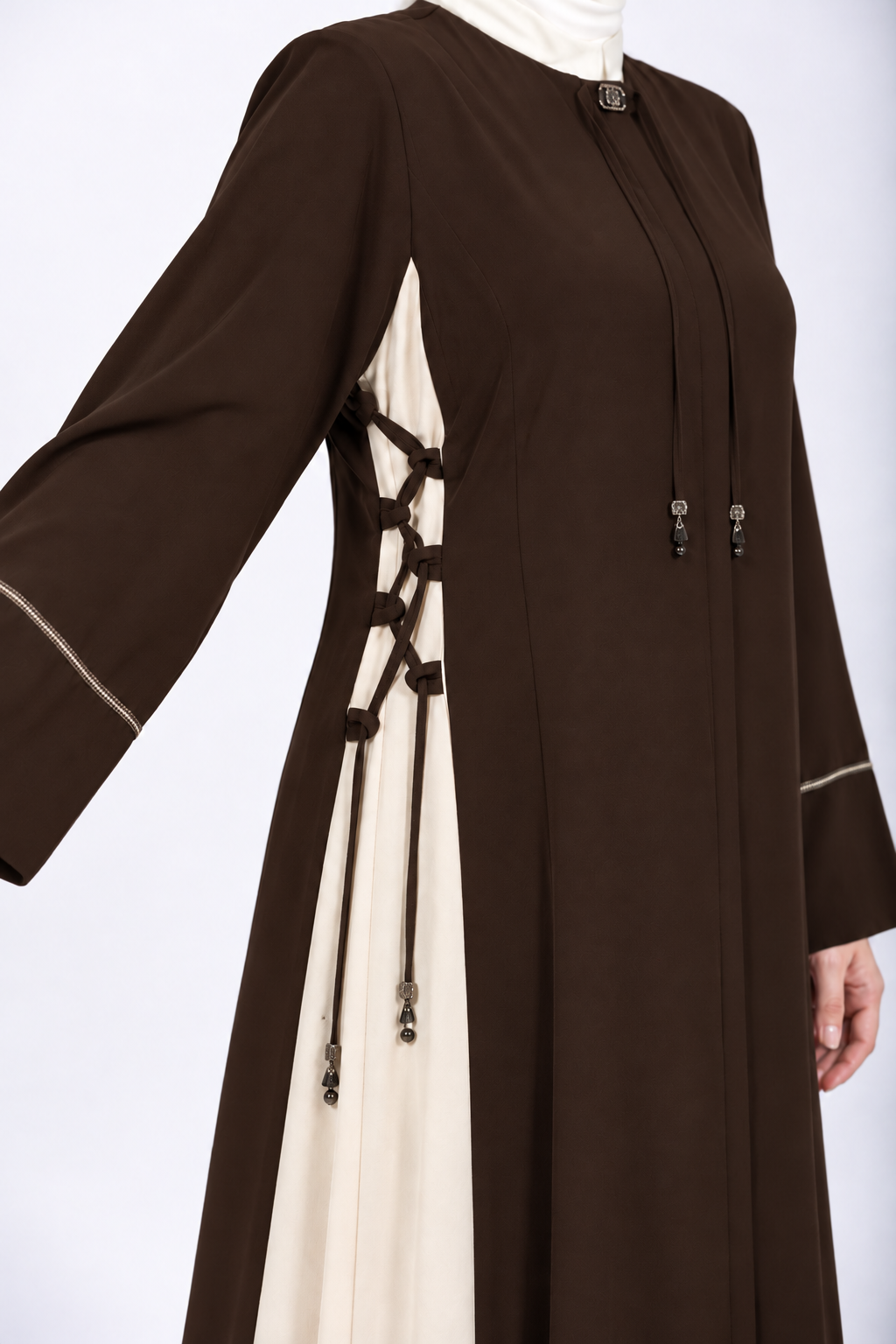 Brown and cream two-tone abaya with side lace-up detail