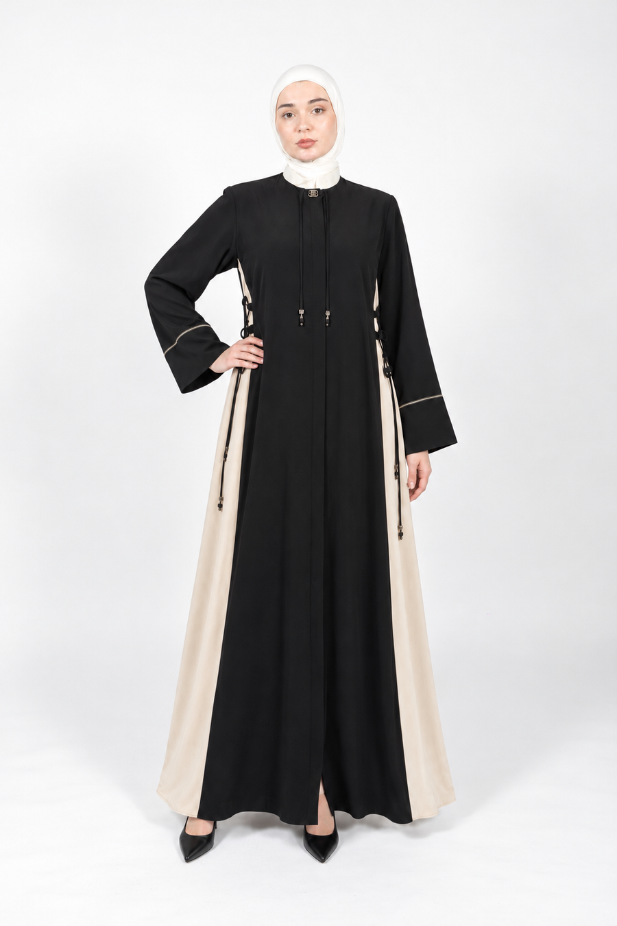 Sama Lace-Up Two-Tone Abaya | Black and Cream