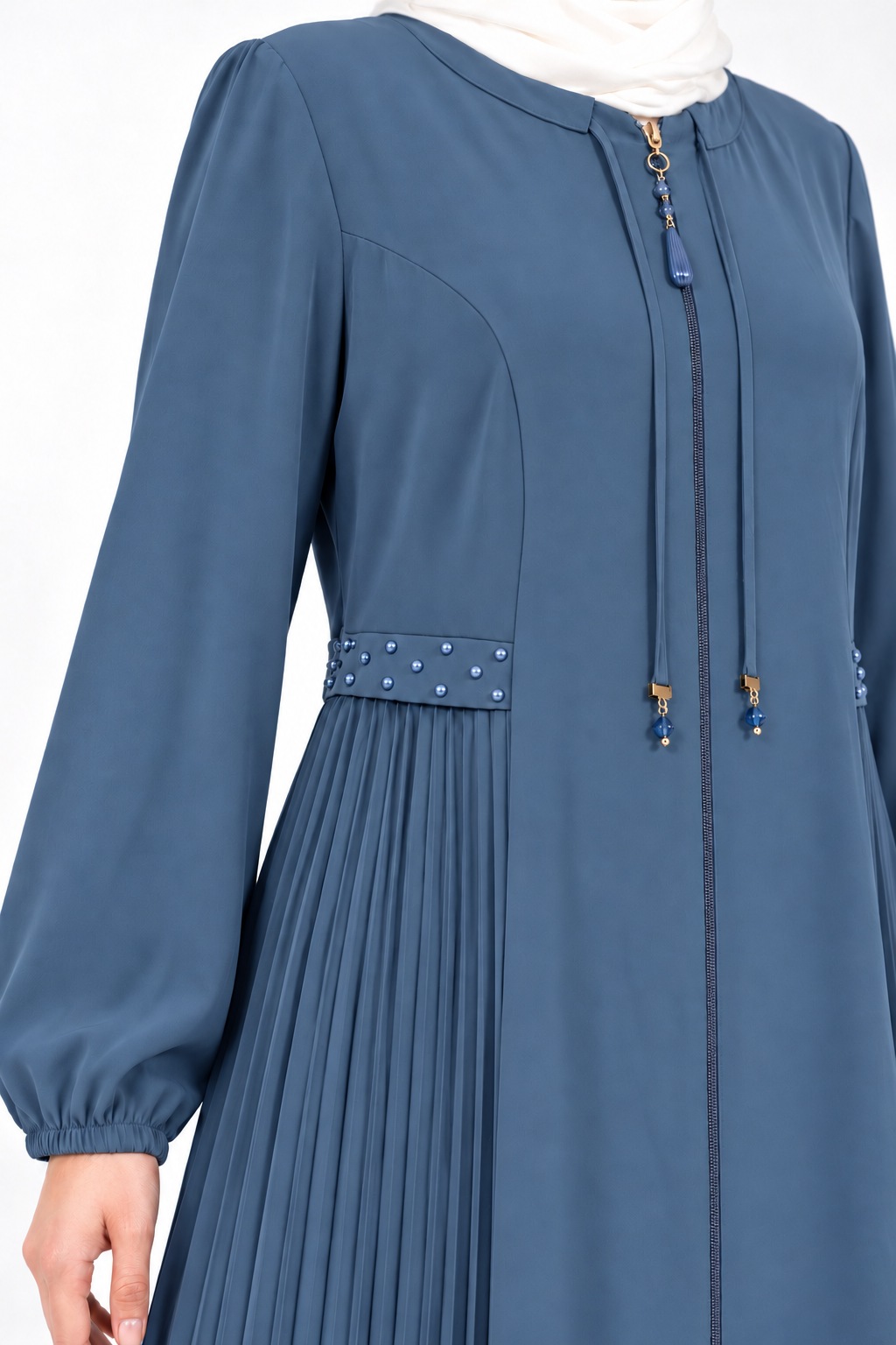 Steel blue viscose abaya with pleated side panels and cord ties