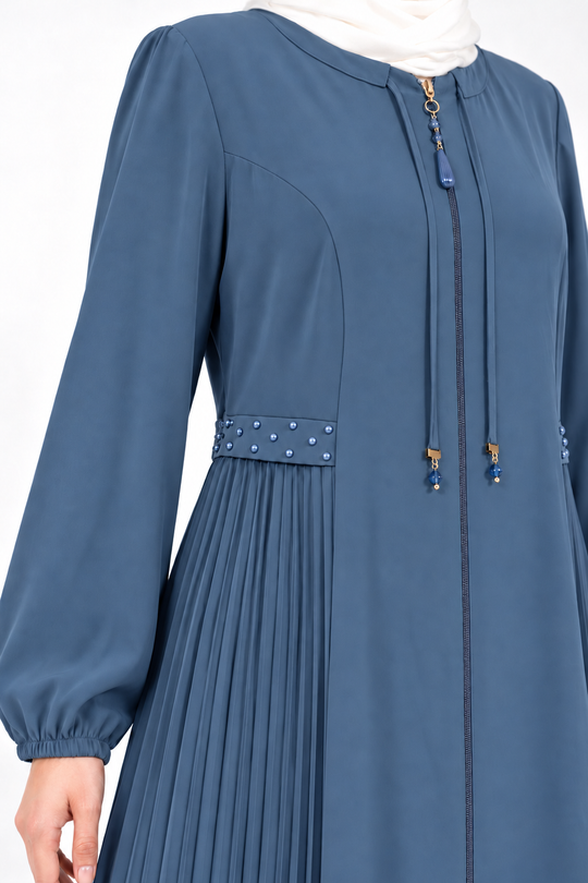 Steel blue viscose abaya with pleated side panels and cord ties