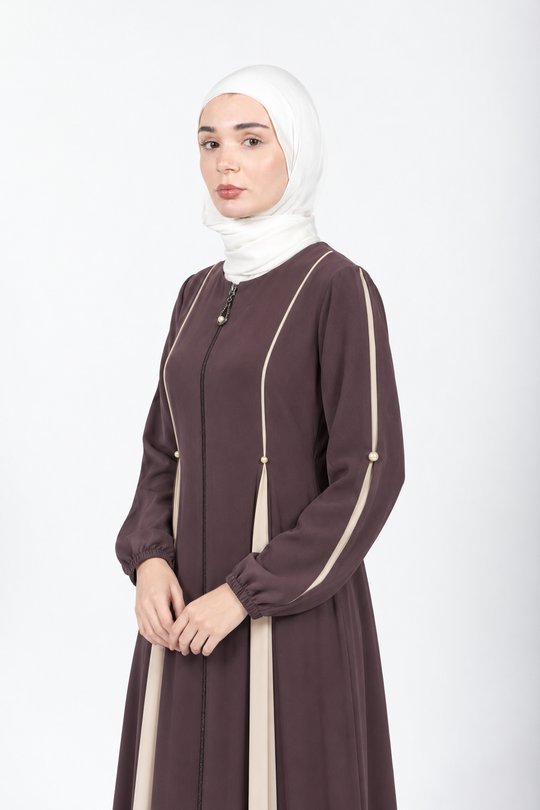 Mink viscose abaya with cream panels, piping and pearl accents