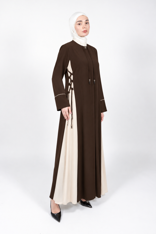 Brown and cream two-tone abaya with side lace-up detail