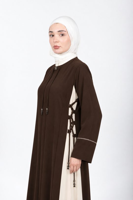 Brown and cream two-tone abaya with side lace-up detail