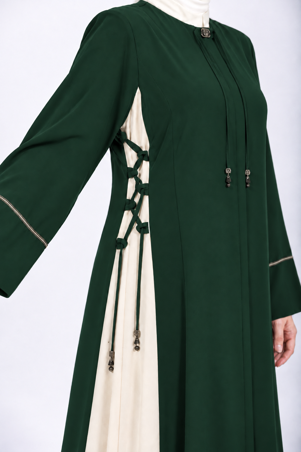Green and cream two-tone abaya with side lace-up detail