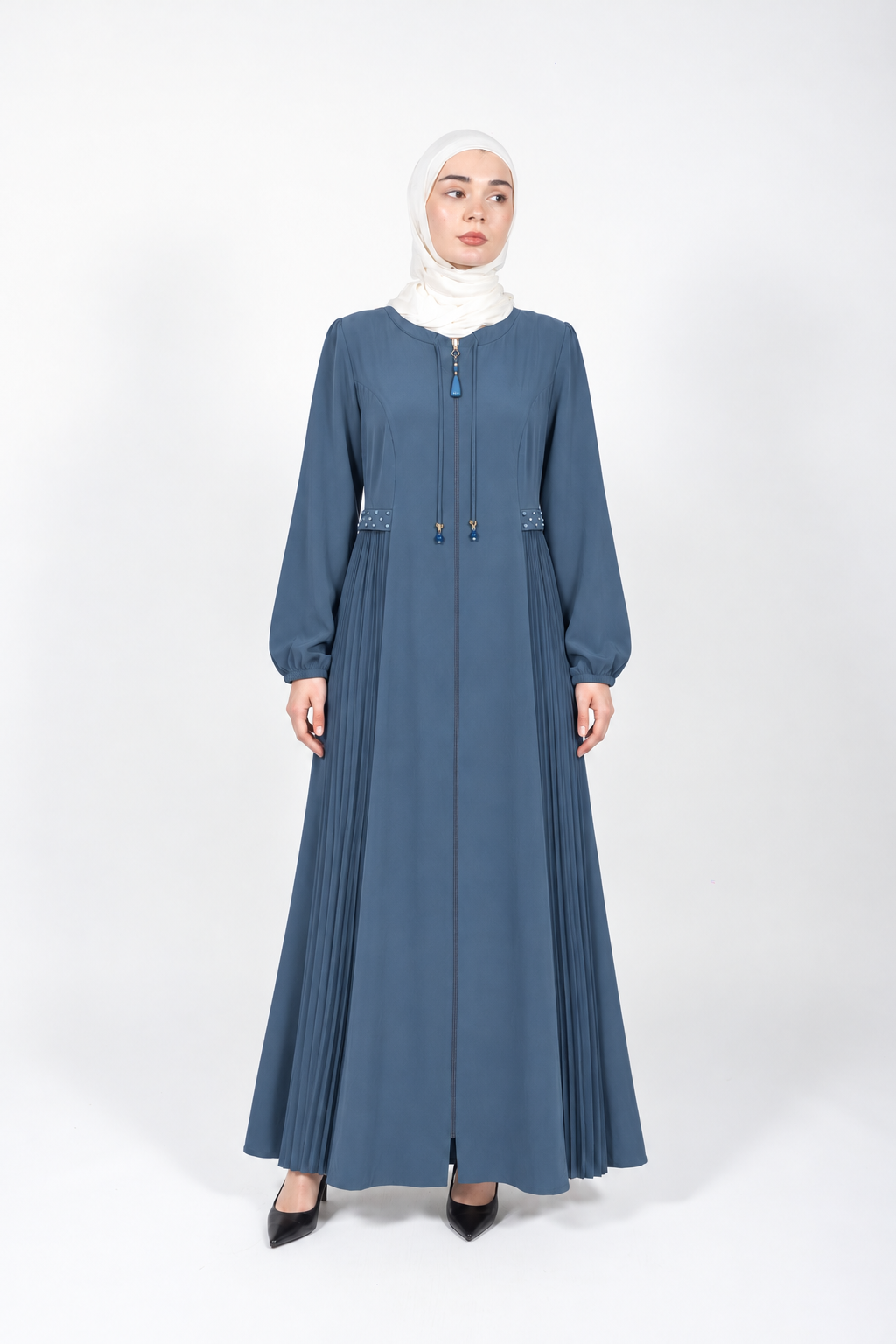 Steel blue viscose abaya with pleated side panels and cord ties