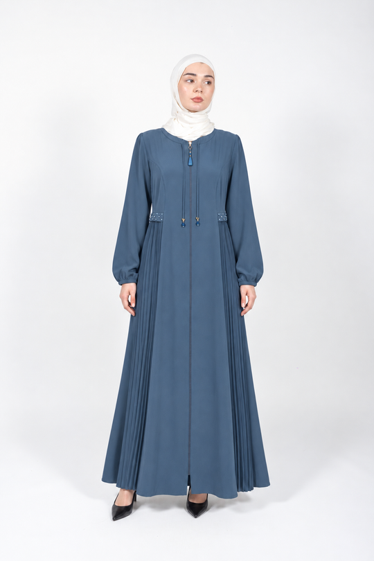 Steel blue viscose abaya with pleated side panels and cord ties