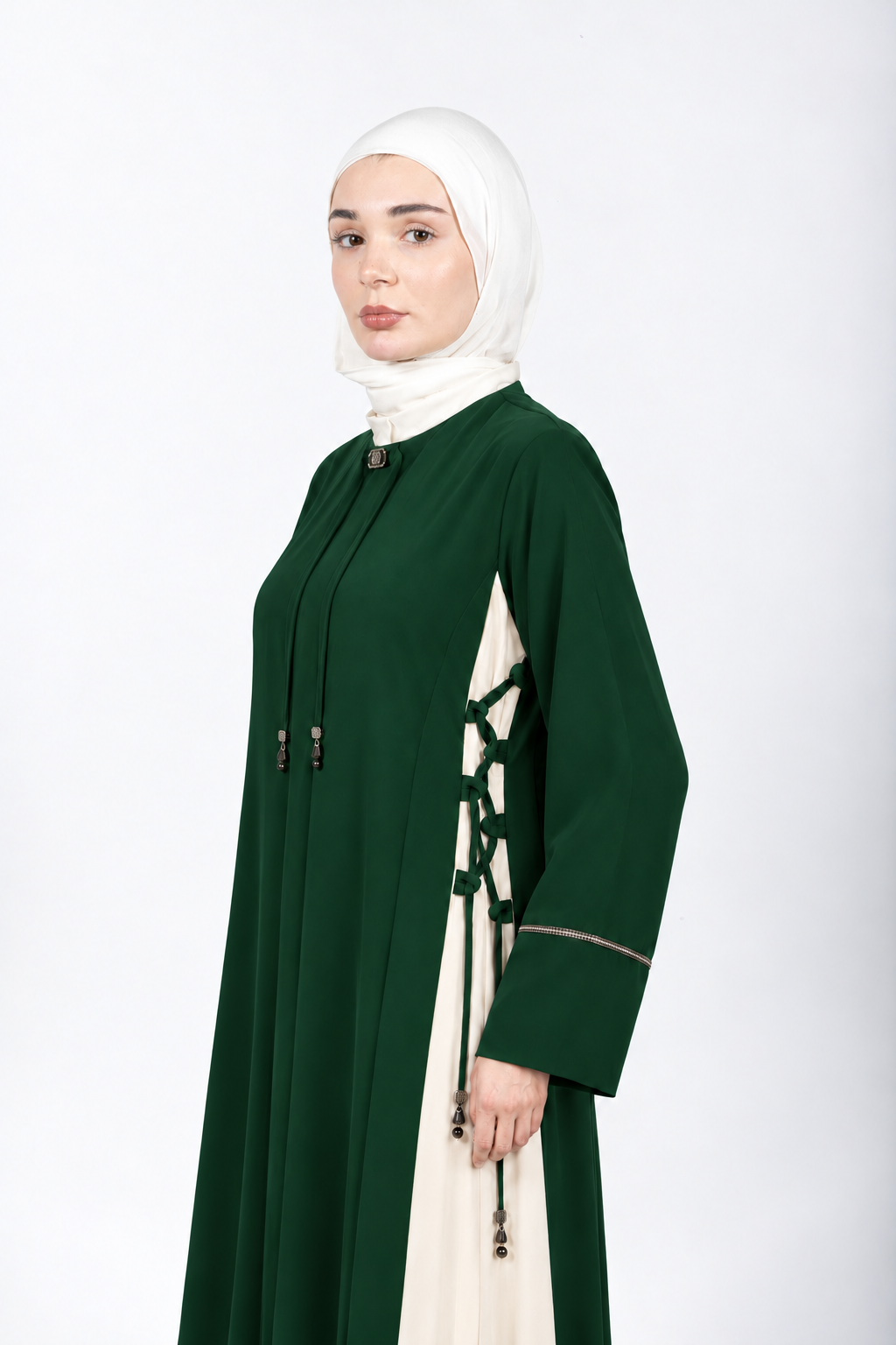 Green and cream two-tone abaya with side lace-up detail