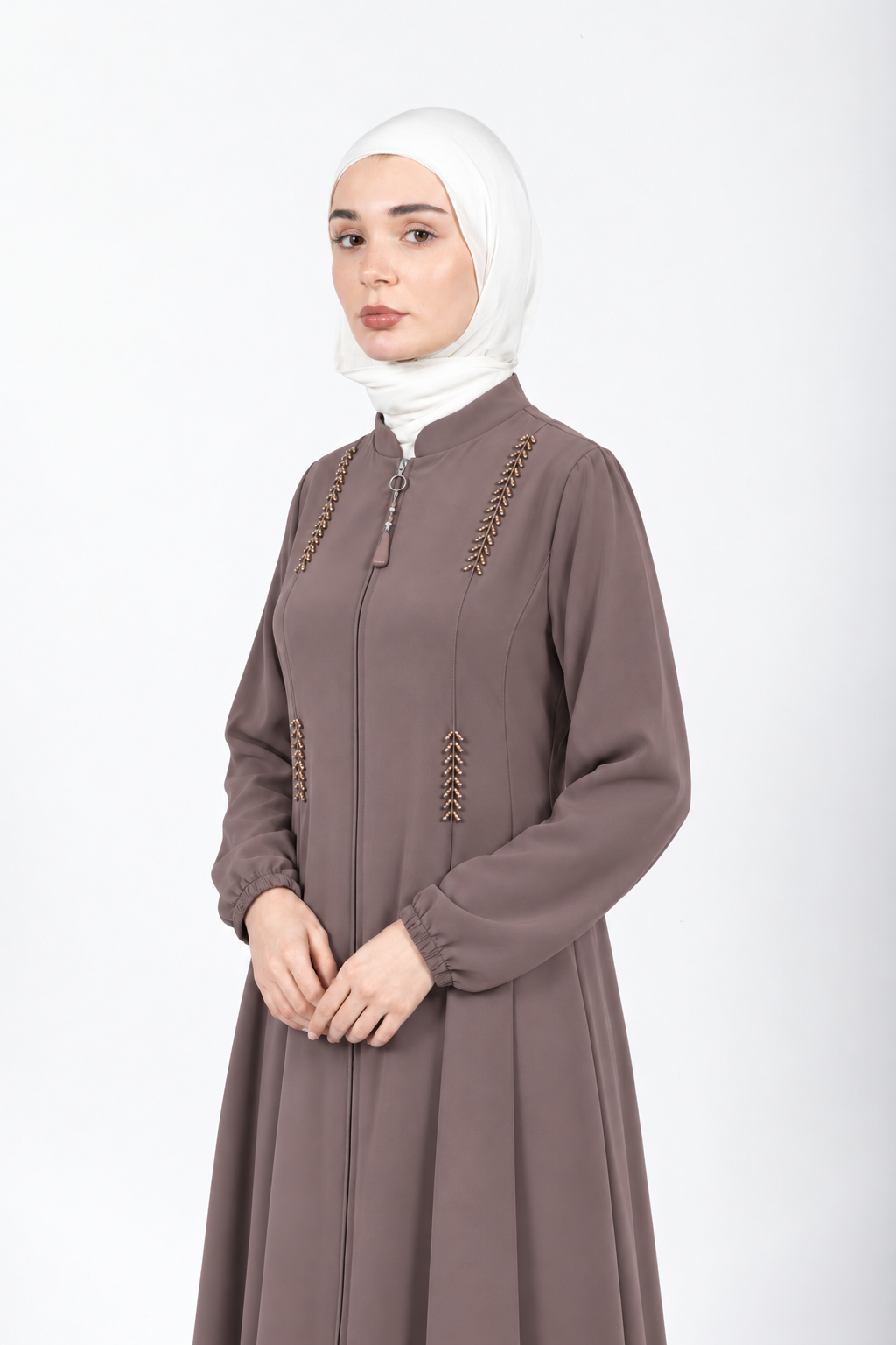Brown viscose abaya with stand collar and beaded detail