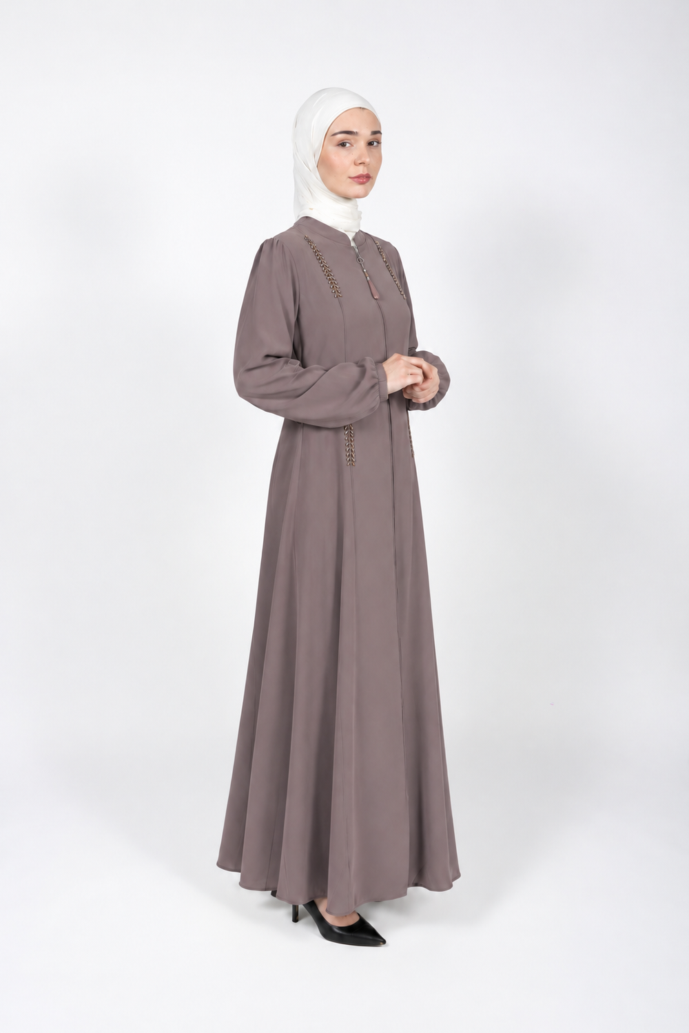 Brown viscose abaya with stand collar and beaded detail