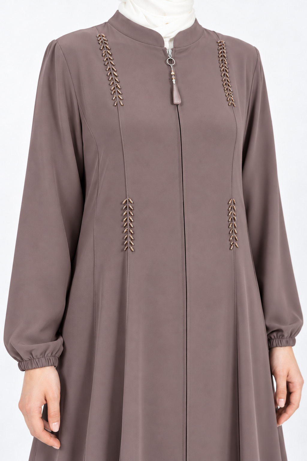 Brown viscose abaya with stand collar and beaded detail