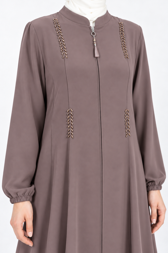 Brown viscose abaya with stand collar and beaded detail