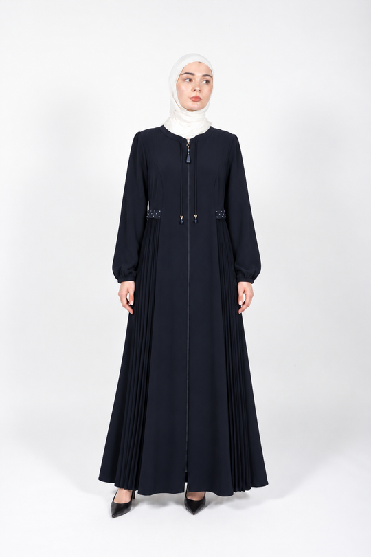 Dark midnight navy viscose abaya with pleated side panels and cord ties