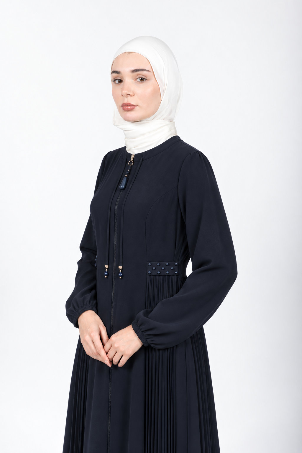Dark midnight navy viscose abaya with pleated side panels and cord ties