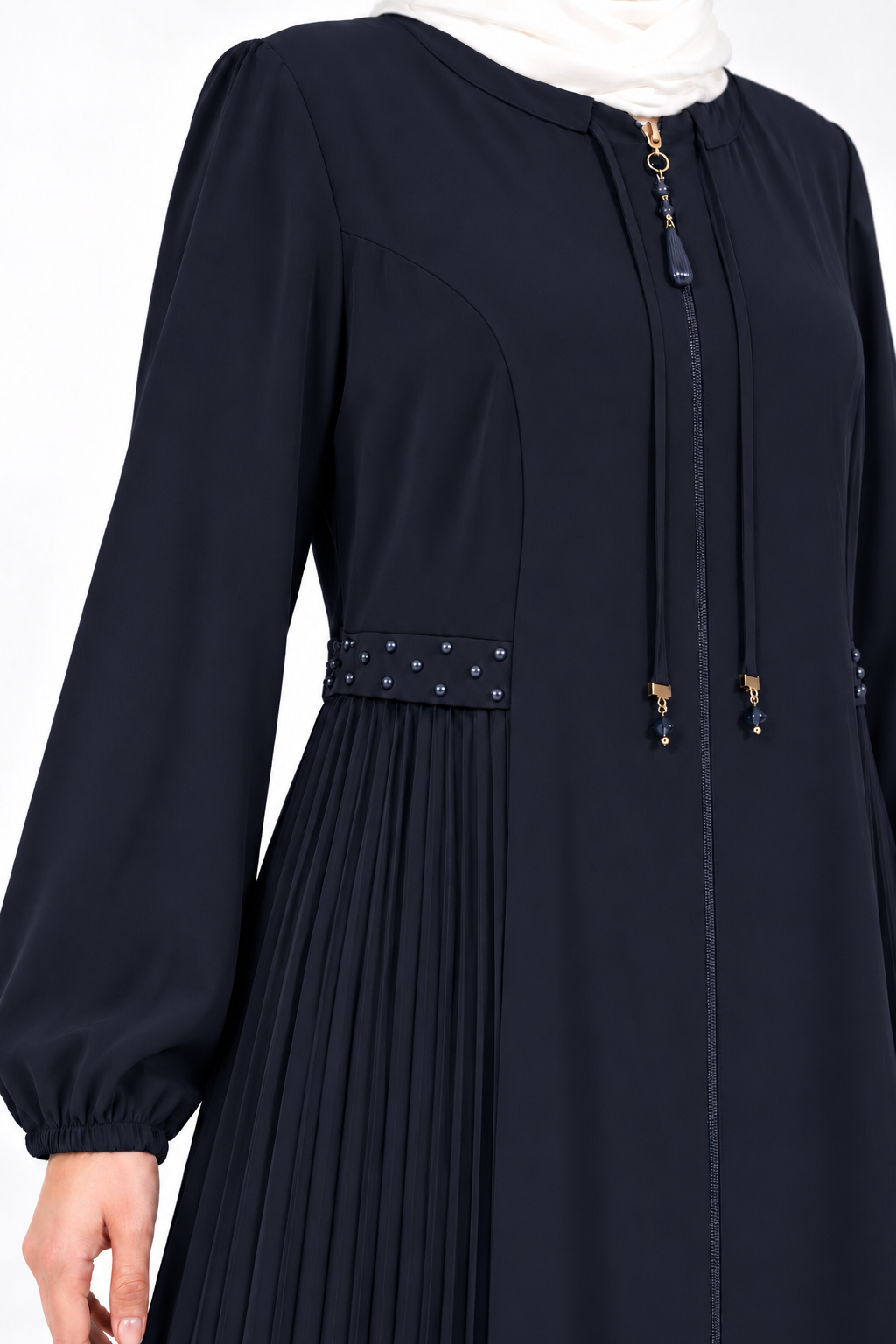 Dark midnight navy viscose abaya with pleated side panels and cord ties