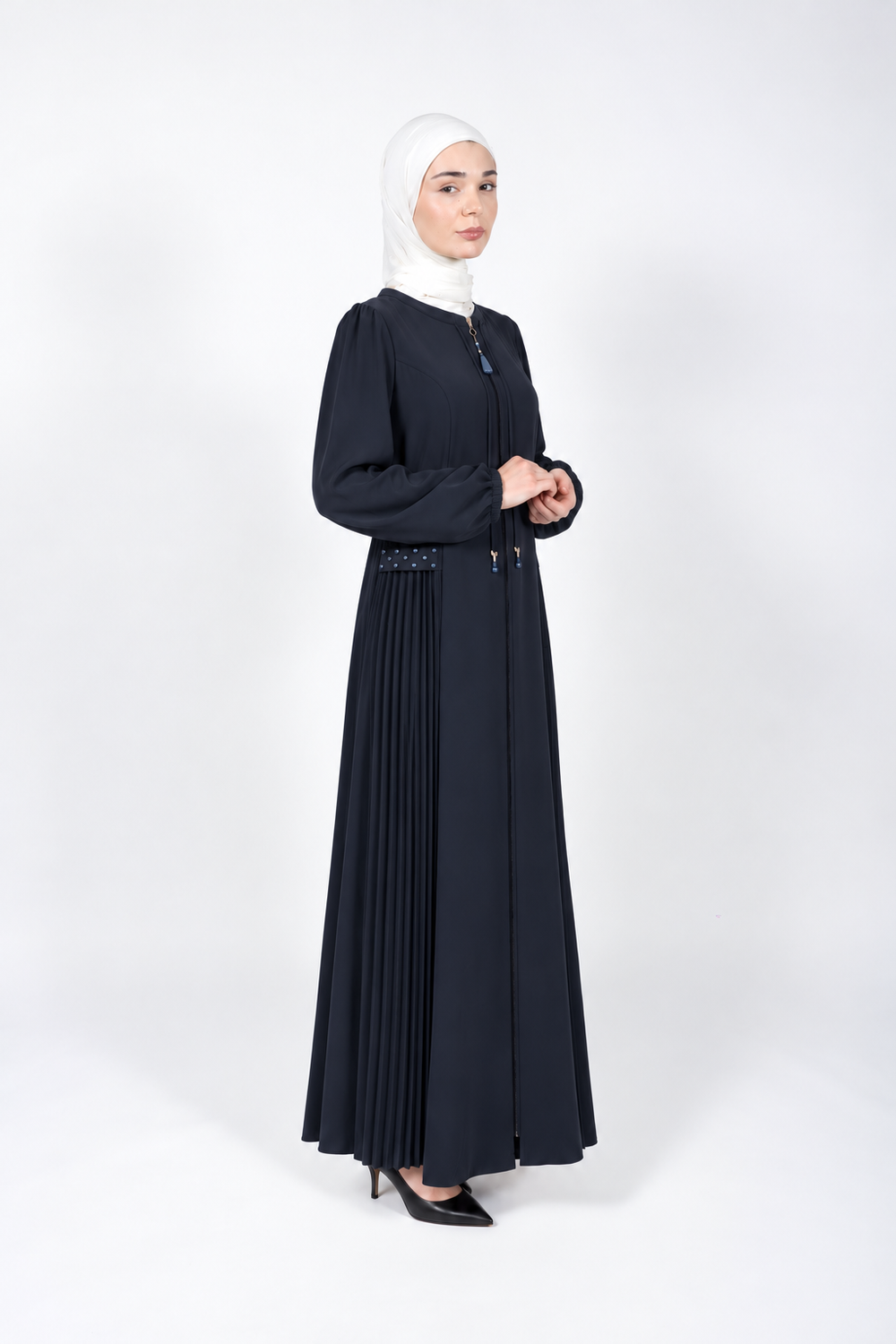 Dark midnight navy viscose abaya with pleated side panels and cord ties