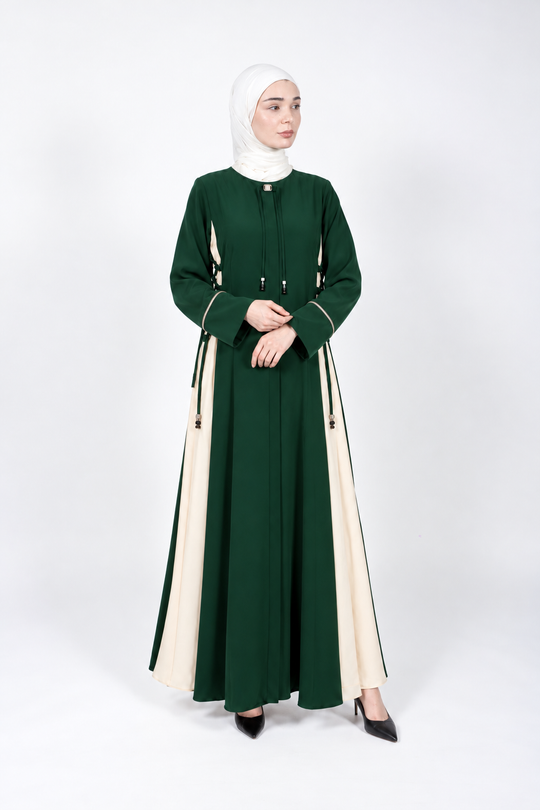 Sama Lace-Up Two-Tone Abaya | Green and Cream