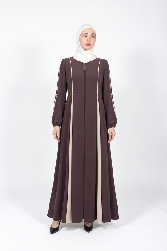 Mink viscose abaya with cream panels, piping and pearl accents