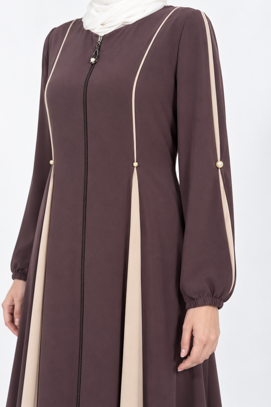 Mink viscose abaya with cream panels, piping and pearl accents